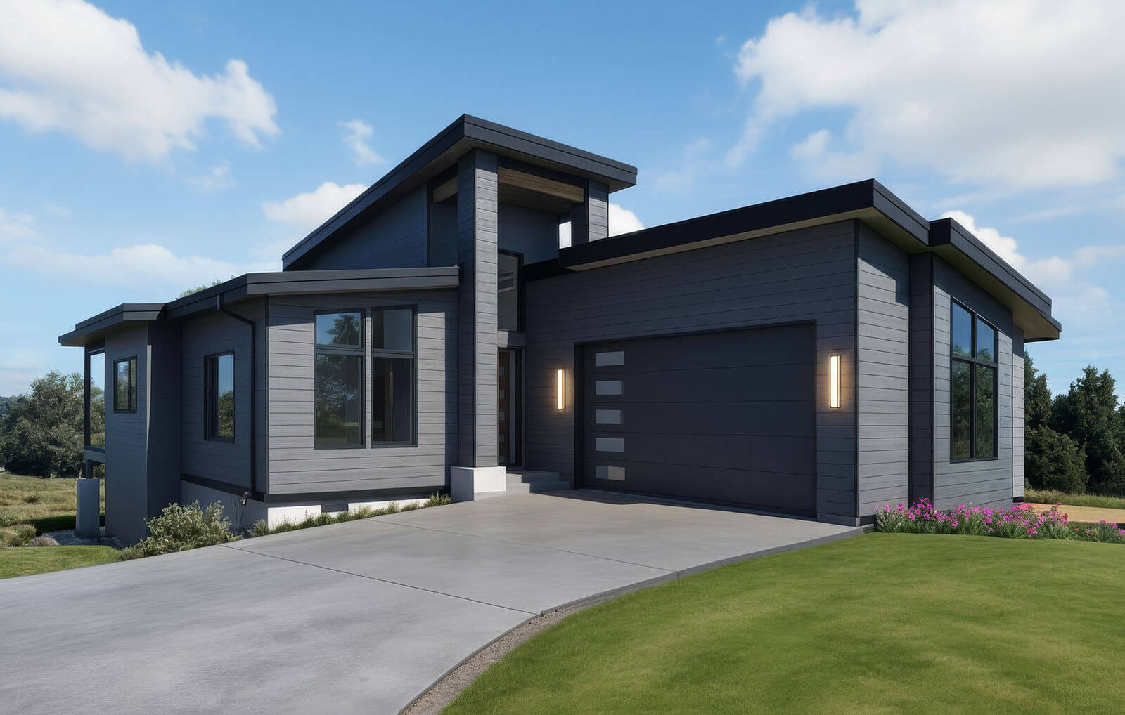 Langley Home w Slope- Front Modern gray house with large driveway and windows