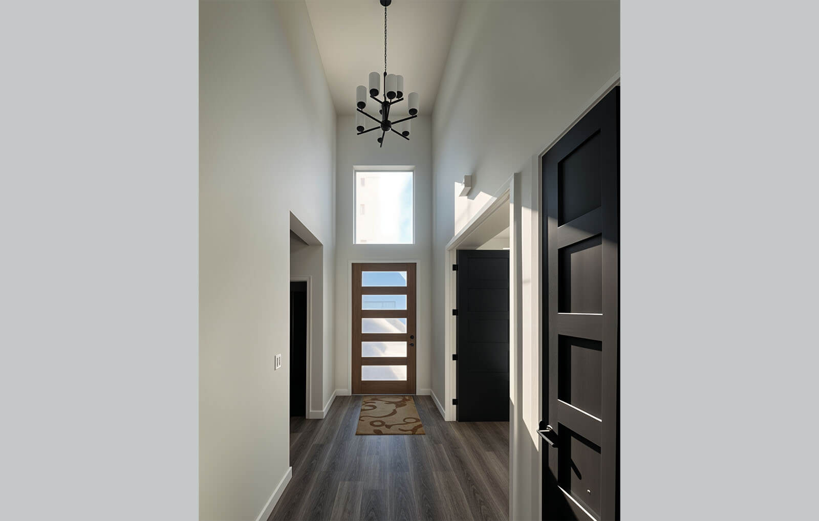 Langley w Slope- Entry Modern hallway with contemporary lighting and flooring.