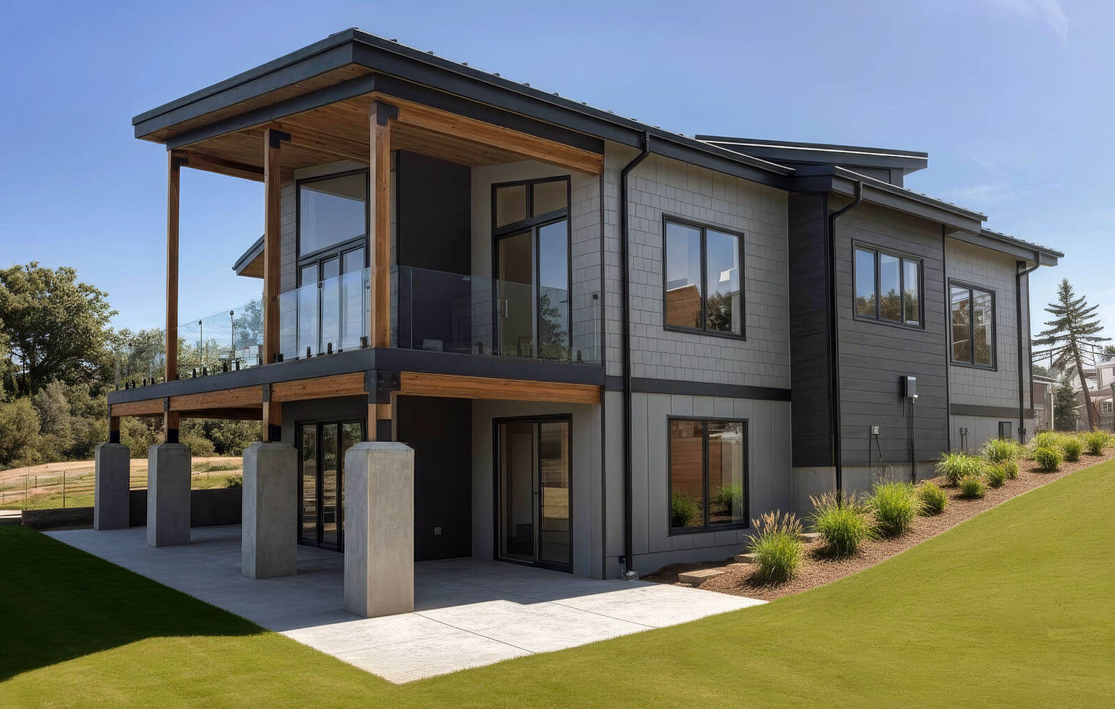 Langley w Slope – Exterior Modern two-story house with wooden accents exterior
