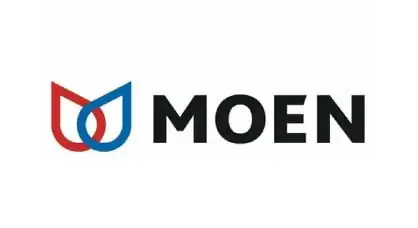 Moen logo with blue and red design.