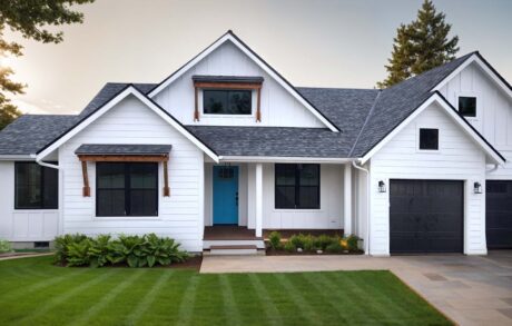 Madrona 1672 Front Modern white house with blue door entrance