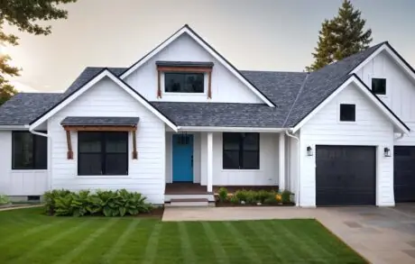 Madrona 1672 Front - Inspire Homes Modern white house with blue door entrance