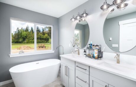 Madrona Custom Home Bathroom Modern bathroom with freestanding tub and vanity