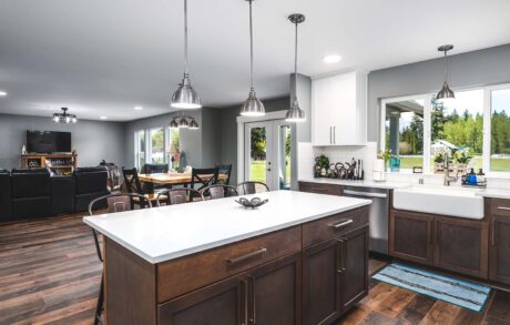 Madrona Custom Home Kitchen 1 Modern kitchen and dining area with island