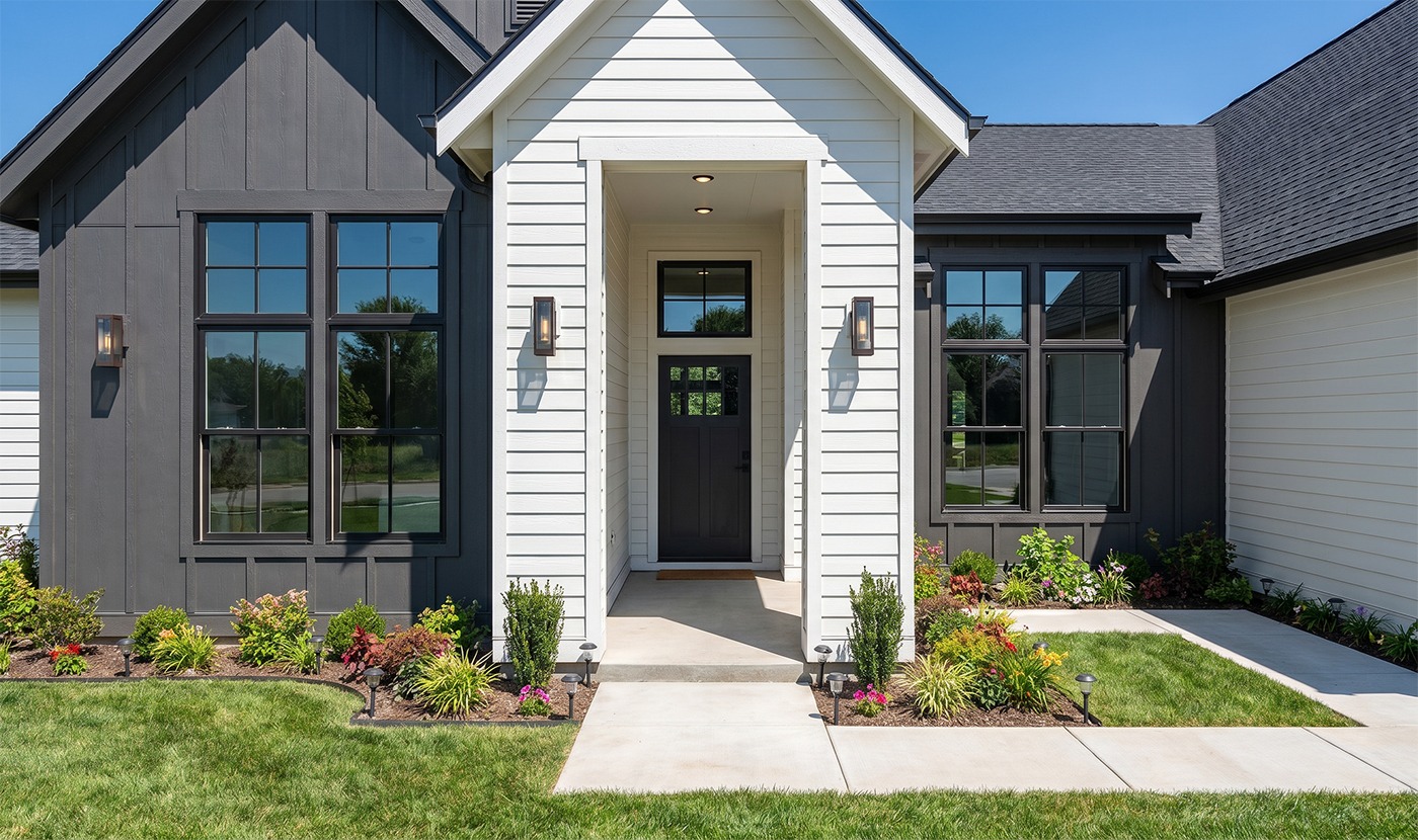 Front entrance of a modern two-tone house with white siding, dark gray trim, and a black door flanked by wall lanterns with a landscaped path leading up to it.