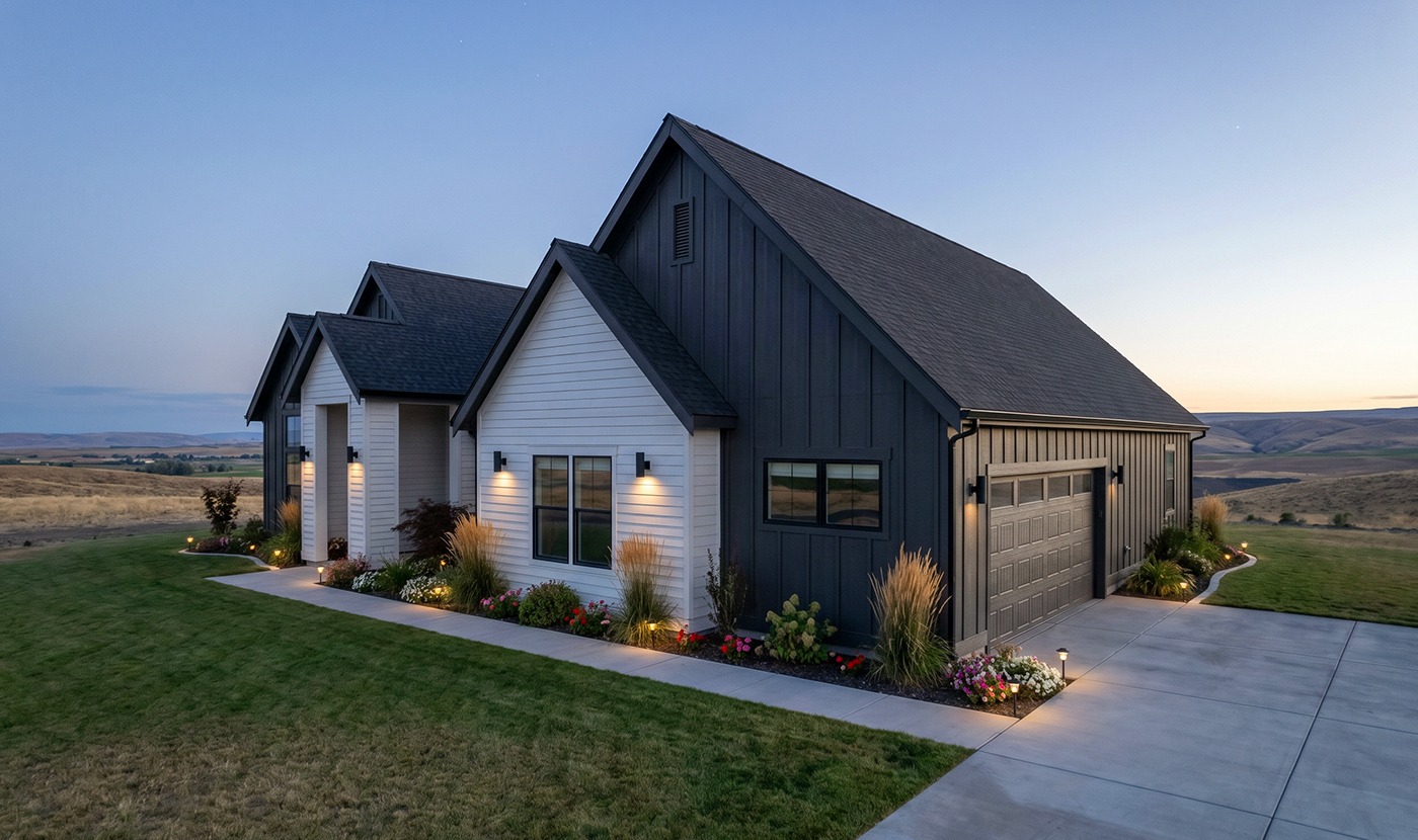Modern two-tone house exterior with a attached two-car garage, white front section and dark gray siding, landscaped yard, and walkway at dusk.