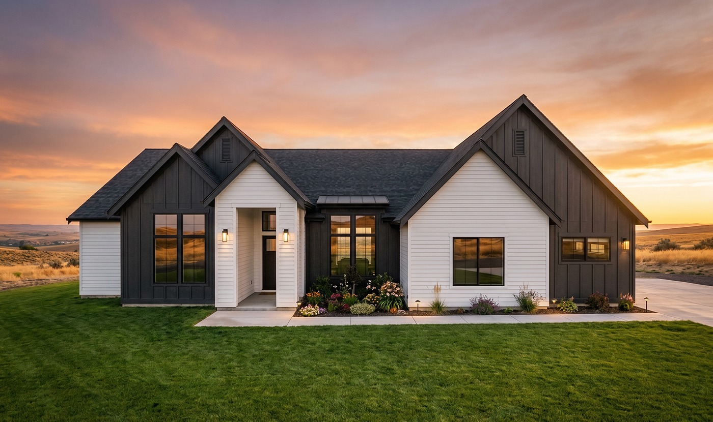 Modern two-tone house with white siding and dark gray accents, a welcoming front entry lit by wall lamps against a sunset sky.