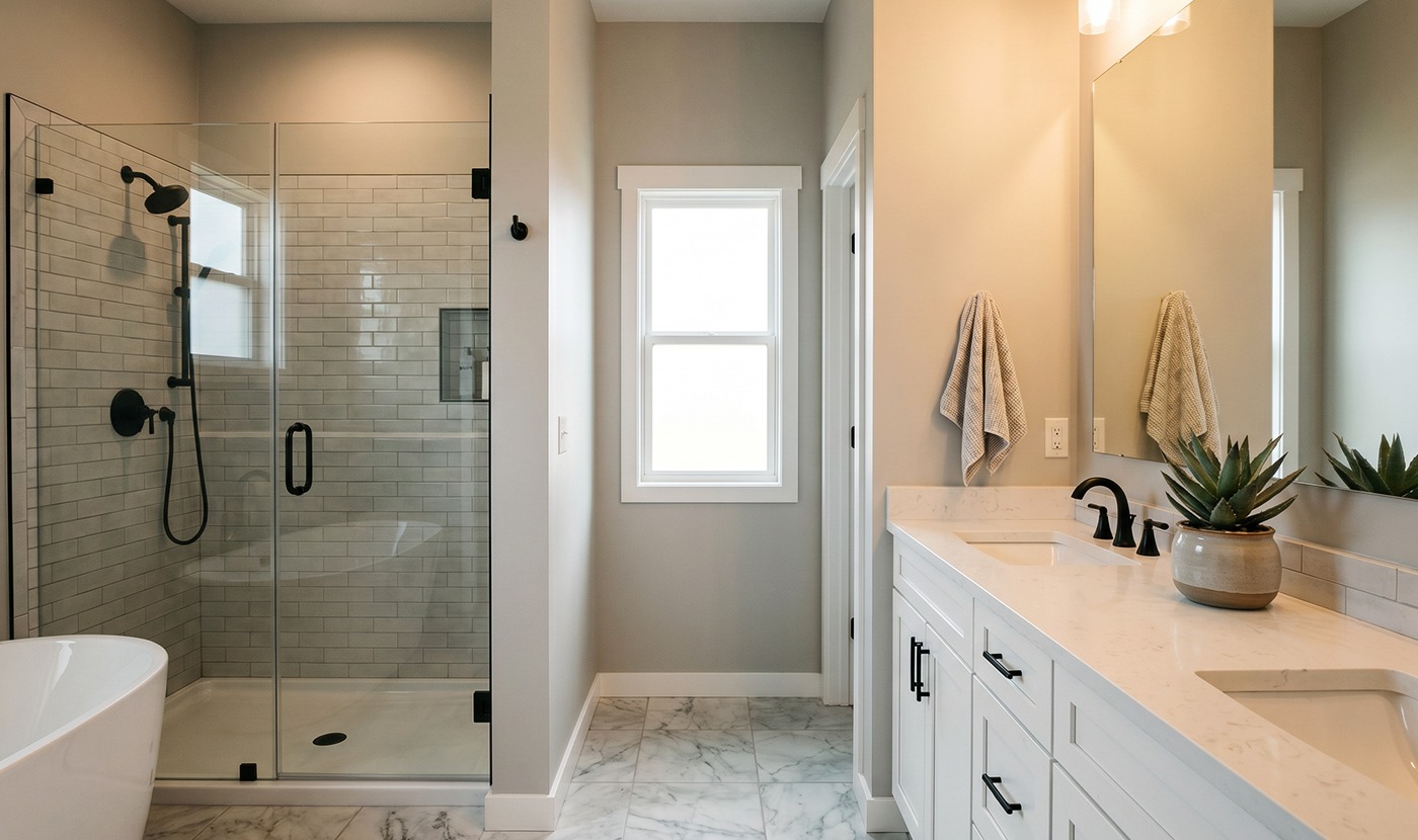 Modern bathroom with a glass-enclosed shower, white subway tile, and a white marble-topped double vanity.