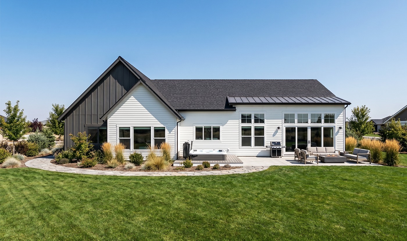 White modern house with a dark roof, large windows, and a back patio with outdoor seating; well-kept lawn surrounding it.