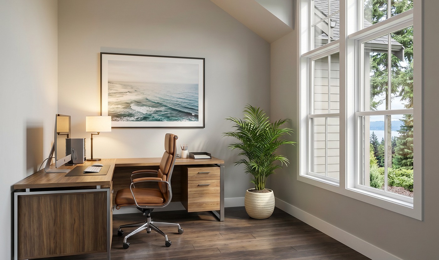 Modern home office with wooden desk, brown leather chair, two lamps, and a large window overlooking trees and water in the distance.