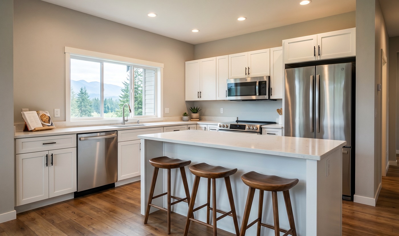 Bright, modern kitchen with white cabinets, stainless appliances, and a marble island; three wooden stools line the island.