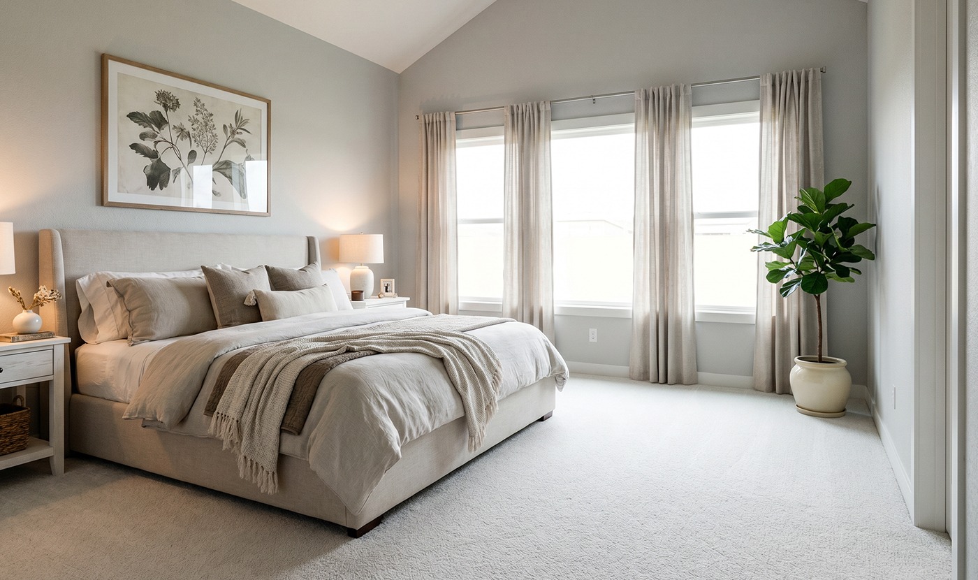 Neutral-toned bedroom with a large bed, two nightstands, and a potted plant by the window