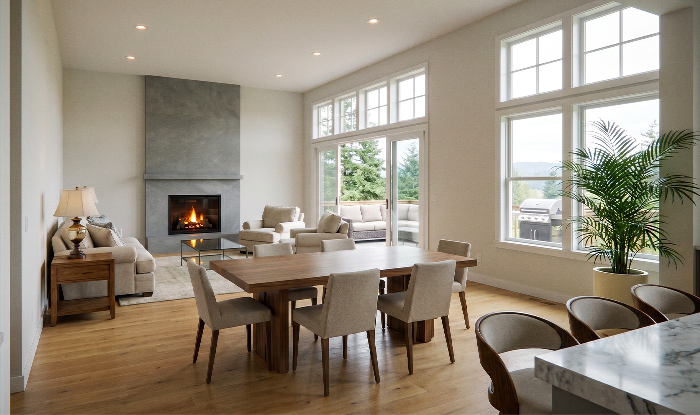 Bright open living-dining room with a stone fireplace, wooden dining table, and beige upholstered chairs; large windows overlook a deck and greenery.