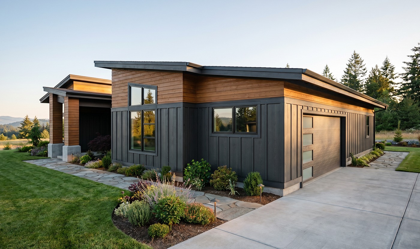 Modern single-story home with wooden and charcoal siding, large windows, and a manicured lawn with a stone path