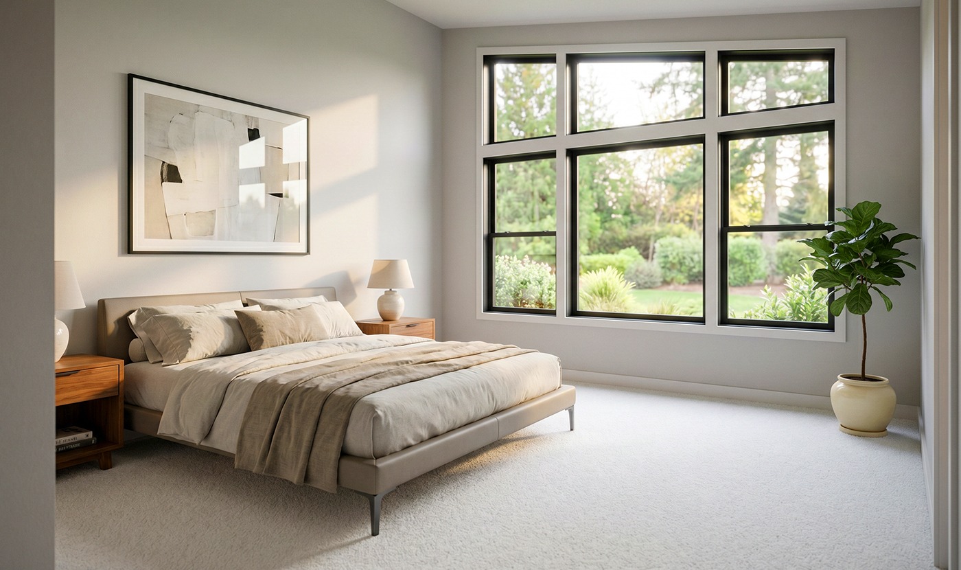 Bright modern bedroom with a low platform bed, beige linens, two wooden nightstands, abstract art, and a large window overlooking a garden.