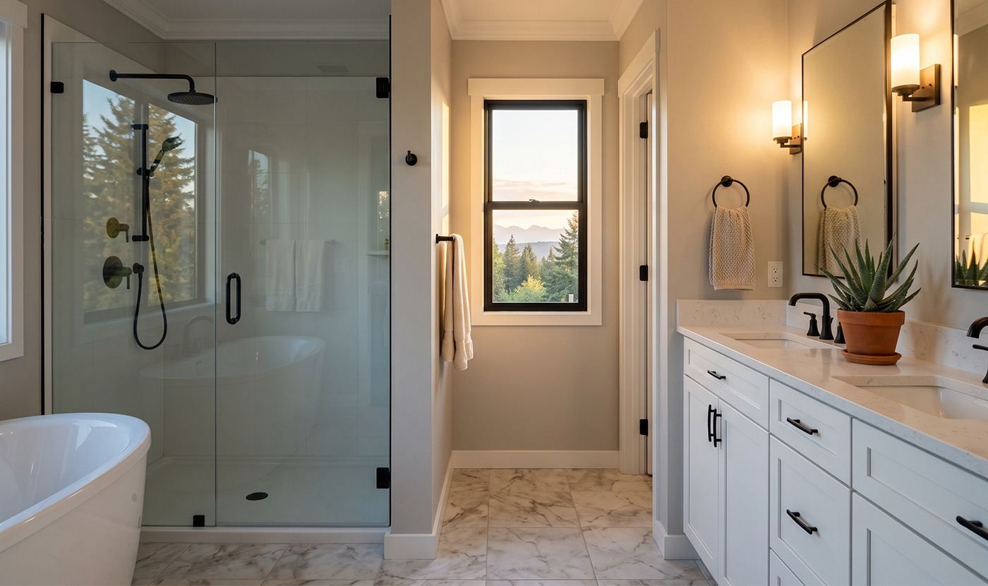 Modern bathroom with glass-enclosed shower, freestanding tub, and white double vanity; window overlooks trees and mountains behind.