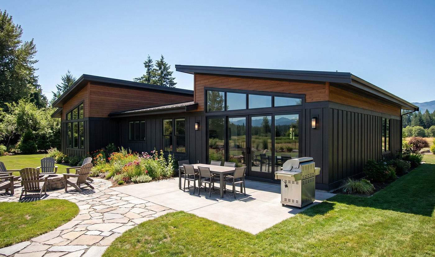 Modern black-and-wood exterior with large glass doors, outdoor dining table, and a stainless grill on a stone patio.