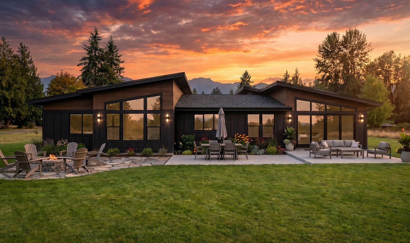 Modern black one-story home with large glass walls and an outdoor patio featuring a fire pit and seating at sunset.