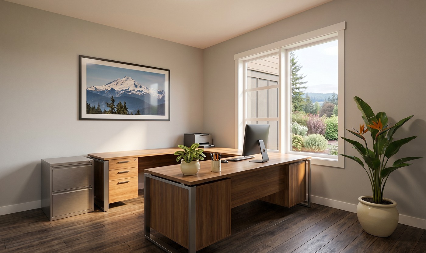 Modern home office with a large wooden desk, desktop computer, and potted plant by a window overlooking a garden.