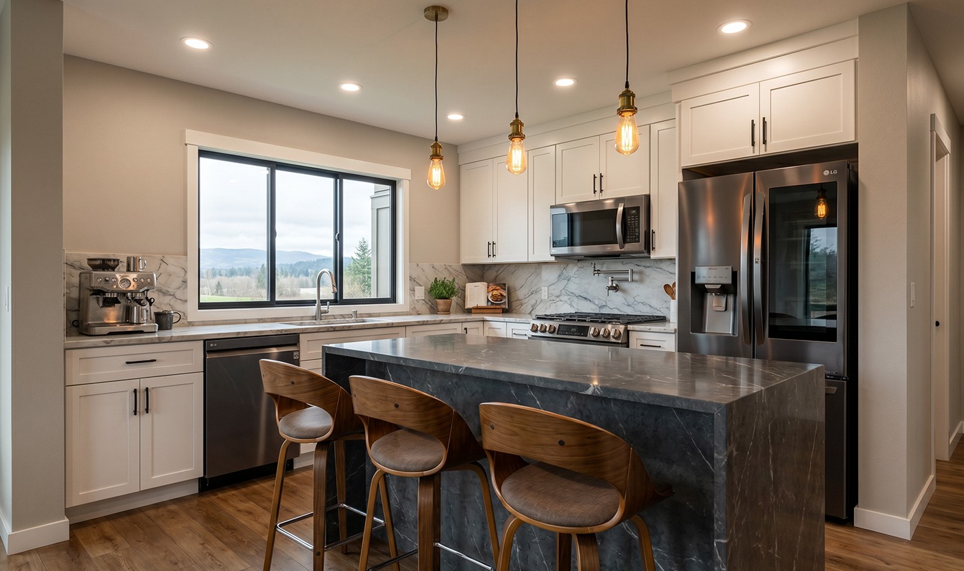 Modern kitchen with white cabinets, marble backsplash, stainless appliances, and a dark marble island with three wooden stools.