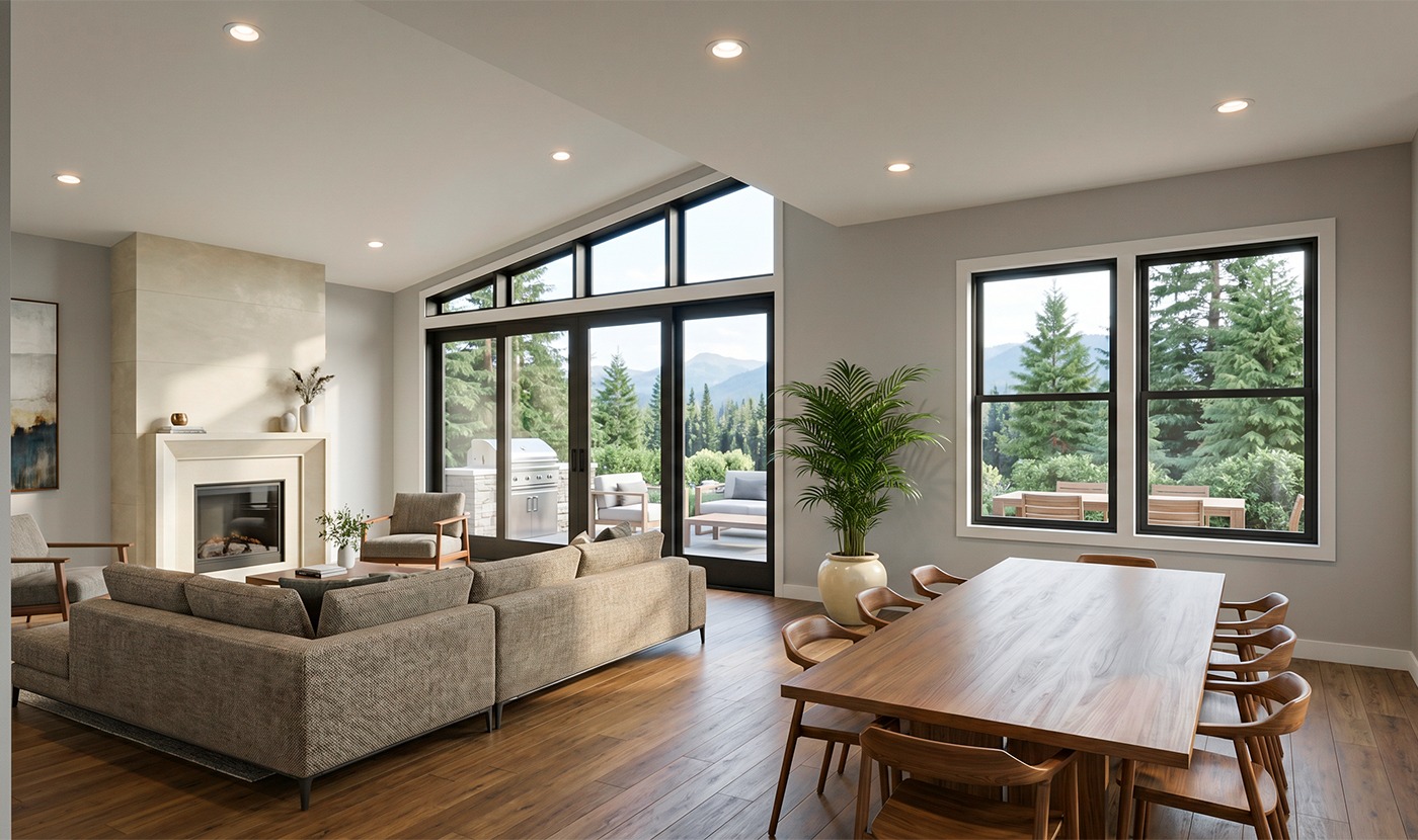 Bright open living space with a beige sectional sofa, fireplace, and a wooden dining table, overlooking a forest and mountains through large glass doors and windows.