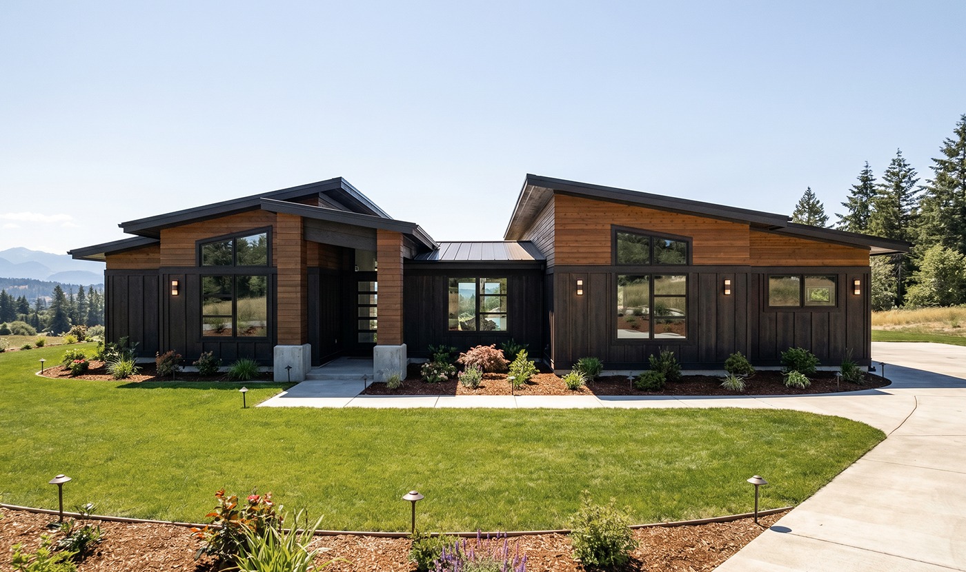 Front view of a modern, single-story house with wood siding, large windows, and a well-kept lawn.