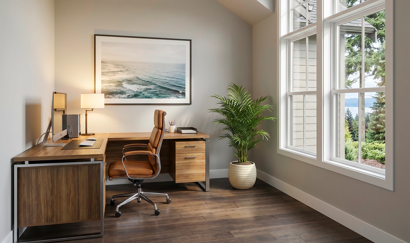 Modern home office with a wooden desk, brown leather chair, and a large window overlooking trees and water beyond.
