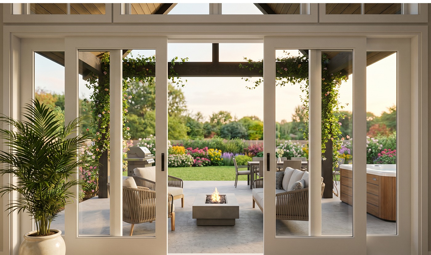 Indoor living area opens to a sunlit patio with a central fire pit, wicker seating, and a lush garden beyond the glass doors.