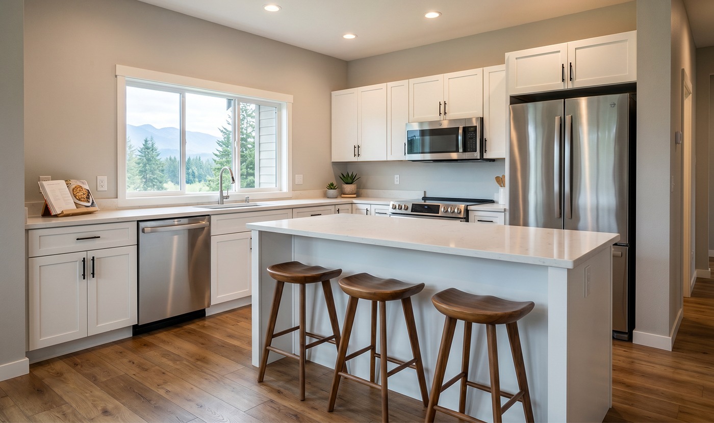Bright modern kitchen with white cabinets, stainless steel appliances, and a marble island with three wooden stools.