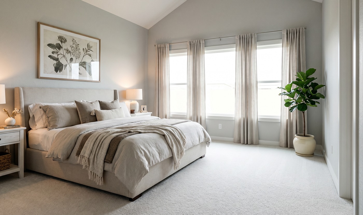 Calm neutral master bedroom with a plush beige bed, two nightstands, and soft lighting; large windows with light curtains and a potted plant nearby.
