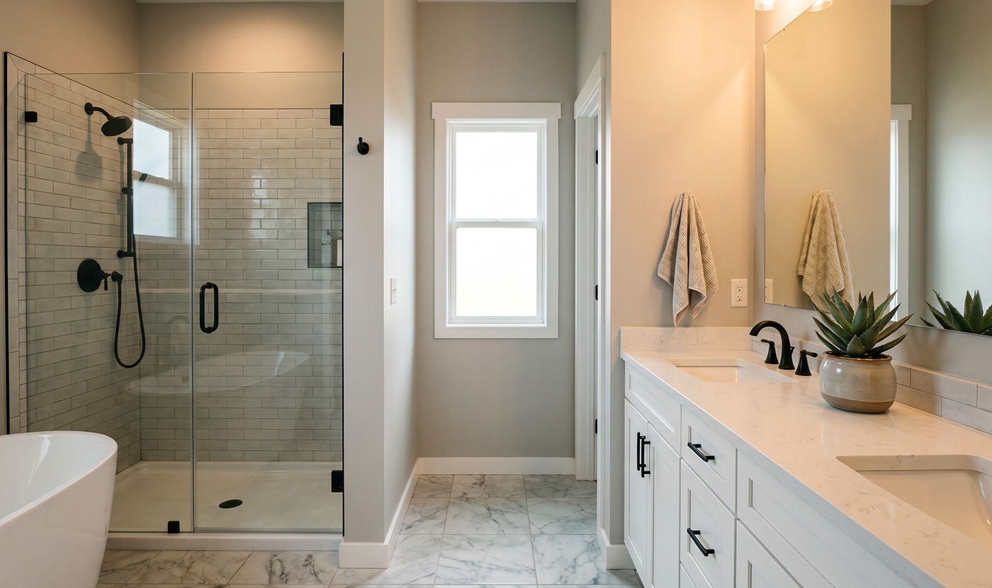 Contemporary bathroom with a glass-walled shower, marble floor, white vanity, and a potted plant on the countertop.