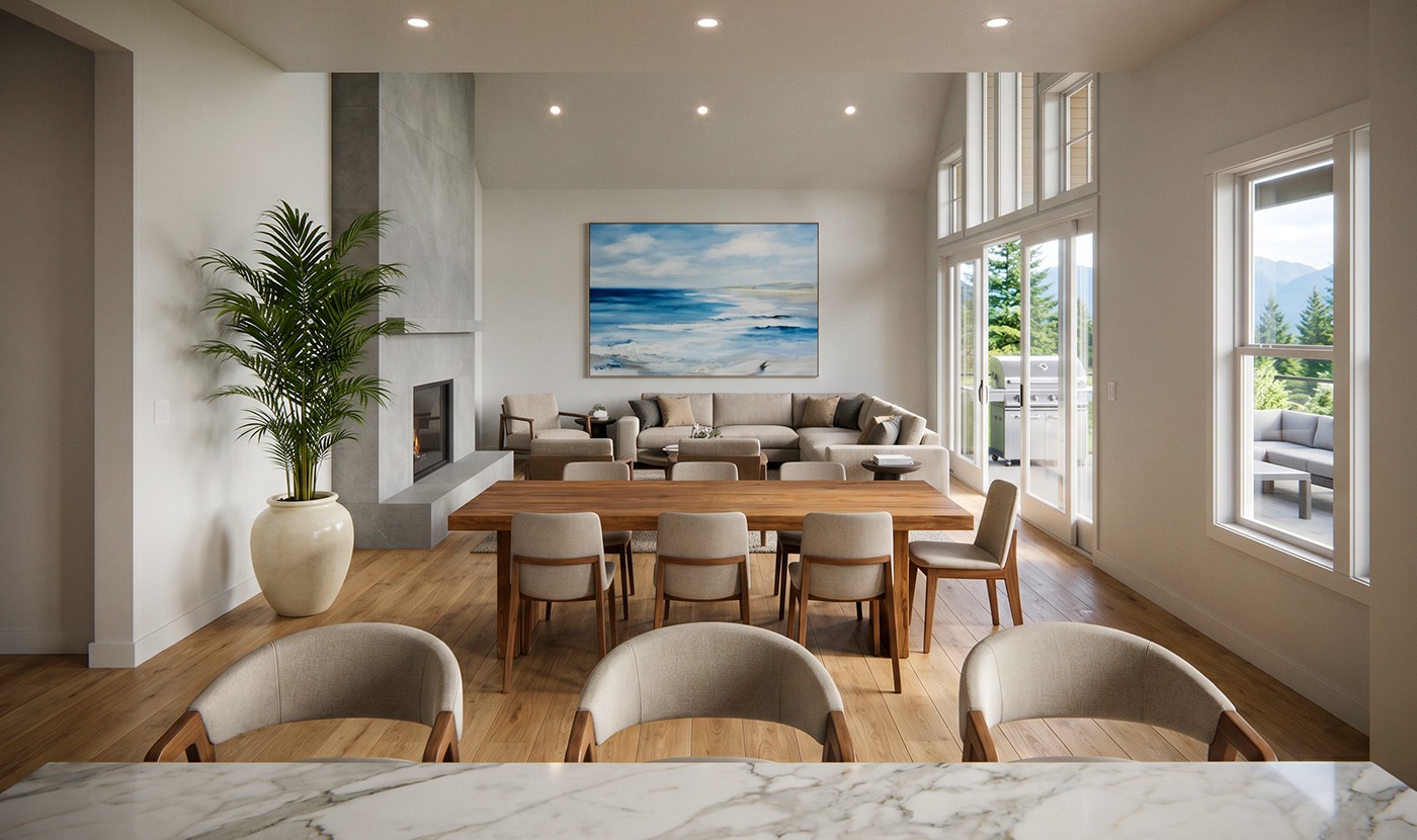 Open-concept dining and living room with a wooden table, eight beige chairs, a sectional sofa, and a blue ocean painting.