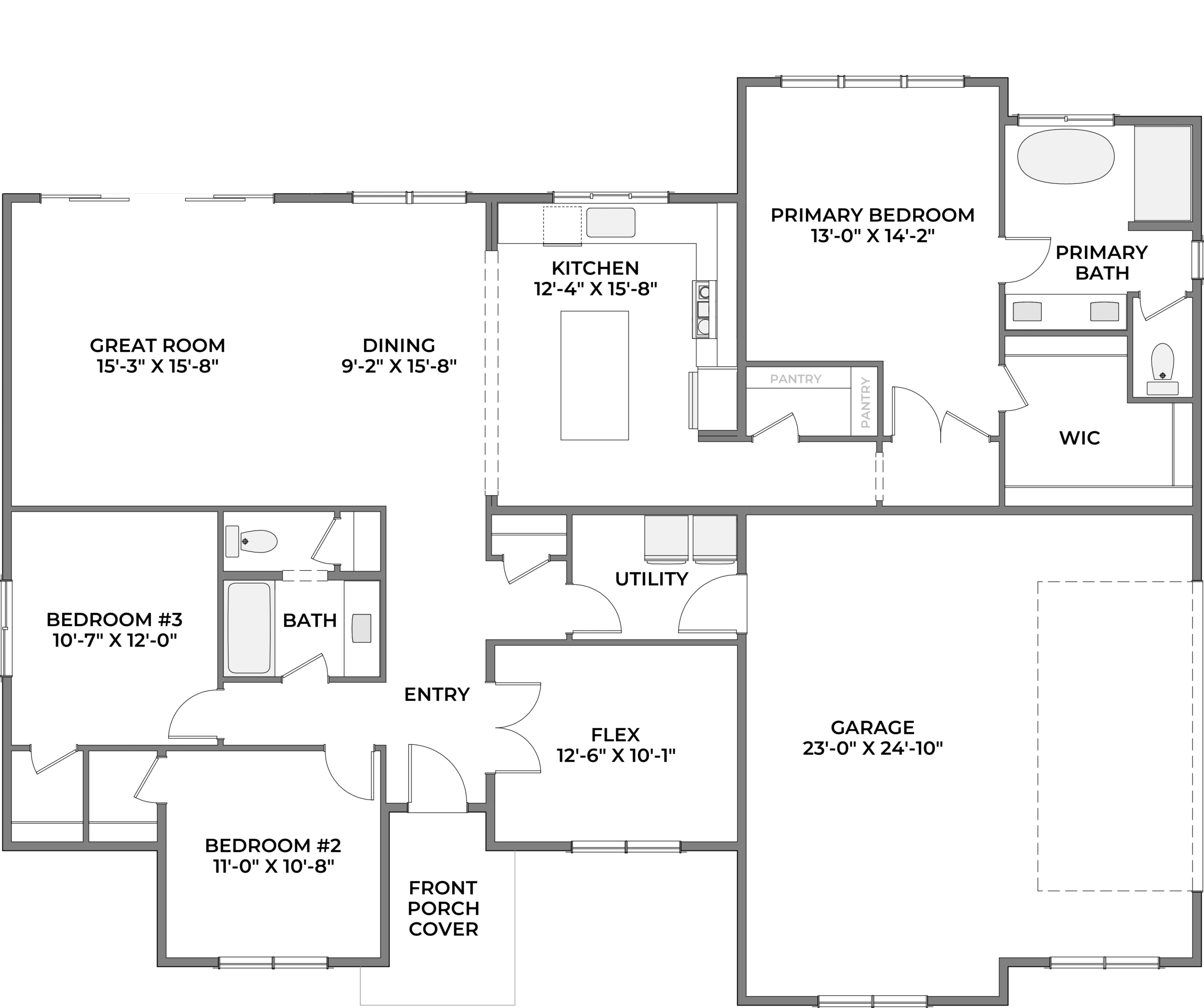 Residential floor plan showing living areas (great room, dining, kitchen) and private spaces (primary suite with bath and walk-in closet), two additional bedrooms, baths, and a garage with entry and porch.