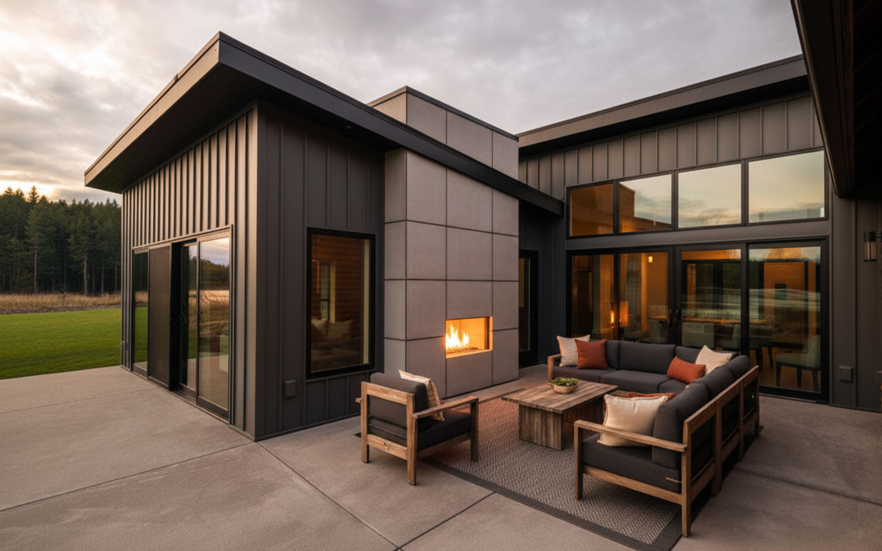 Modern Courtyard - Fidalgo Villas - Inspire Homes Modern patio with outdoor seating and fireplace