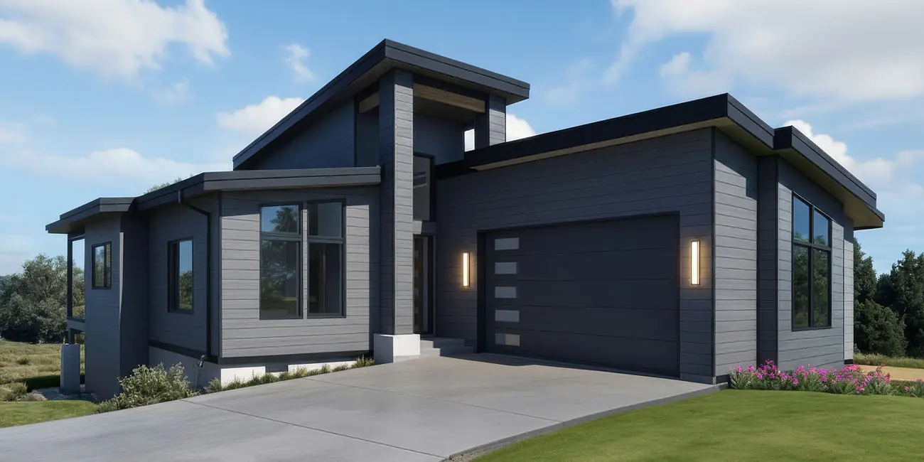 Modern gray house with large windows exterior