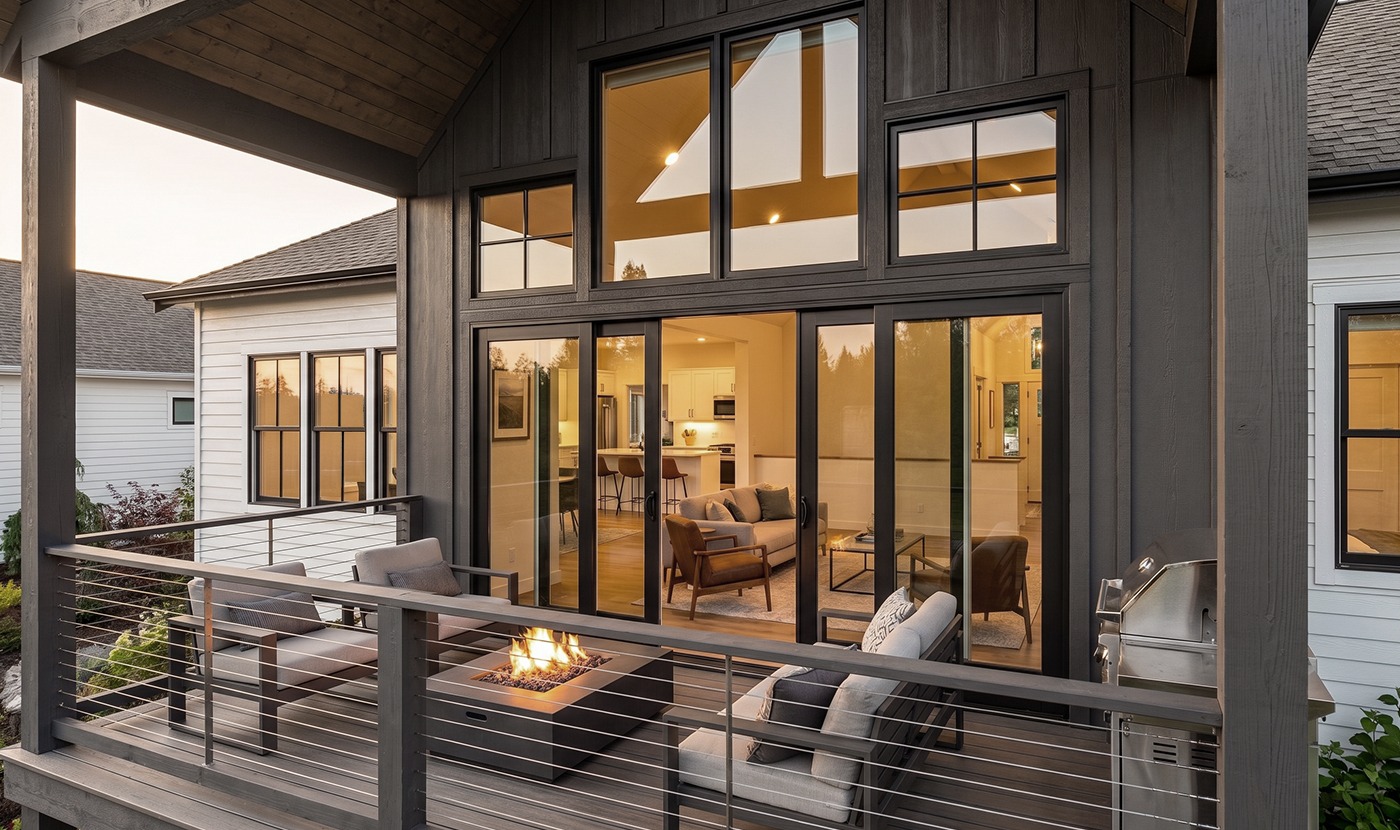 Modern dark-wood house with glass doors opening to a lit living area; outdoor seating around a fire pit on a balcony.