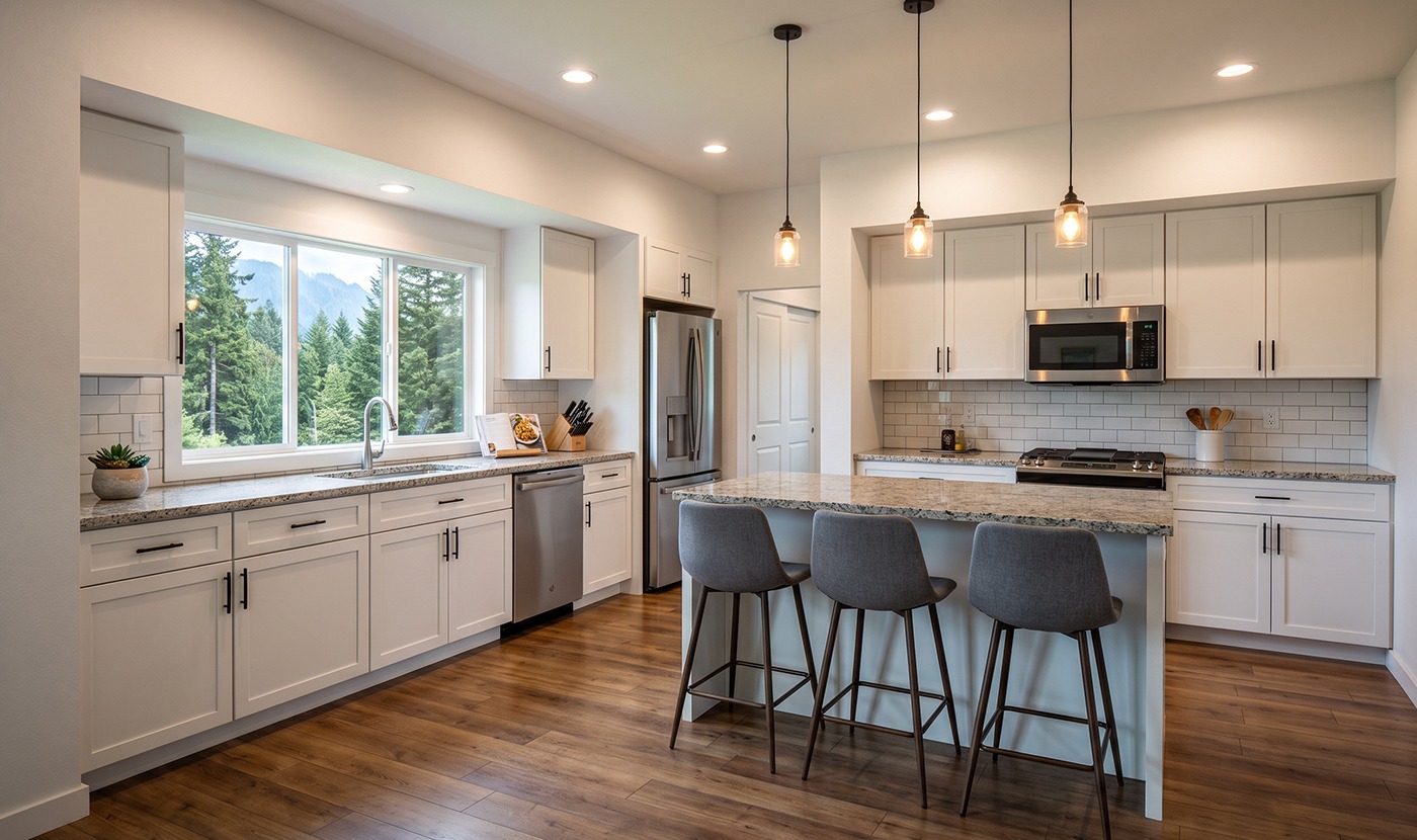 Bright modern kitchen with white cabinets, granite countertops, and a central island with three gray stools.