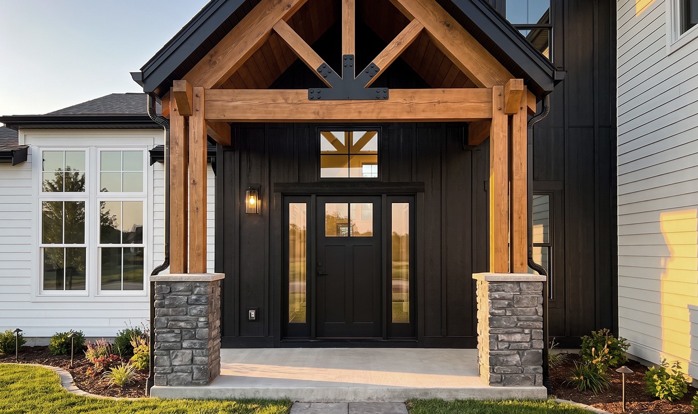 Modern front entrance of a house with black siding, a wooden porte-cochère frame, and stone pillar bases framing the doorway.