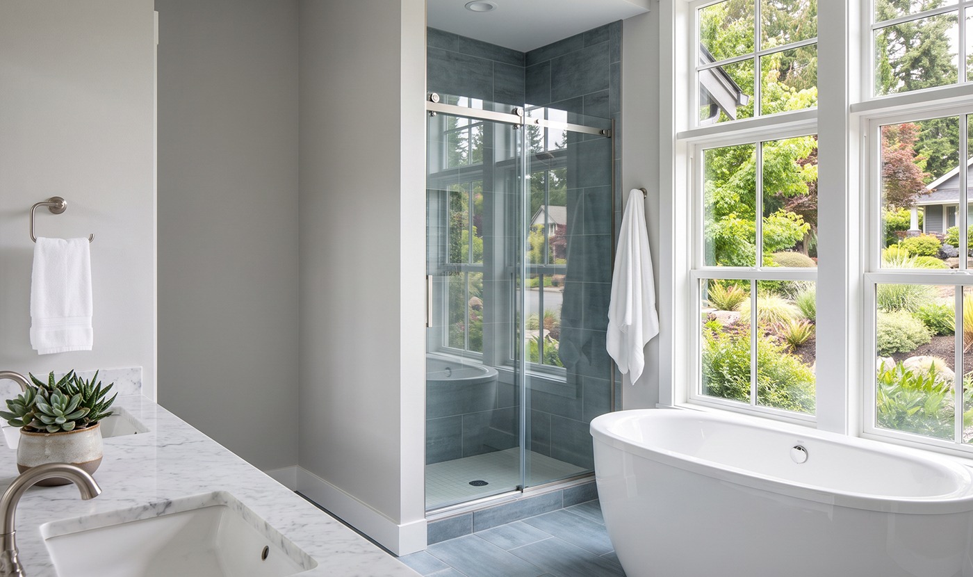 Modern bathroom with a glass-enclosed shower, a white freestanding tub by large windows, and a marble-topped double vanity with a plant nearby.