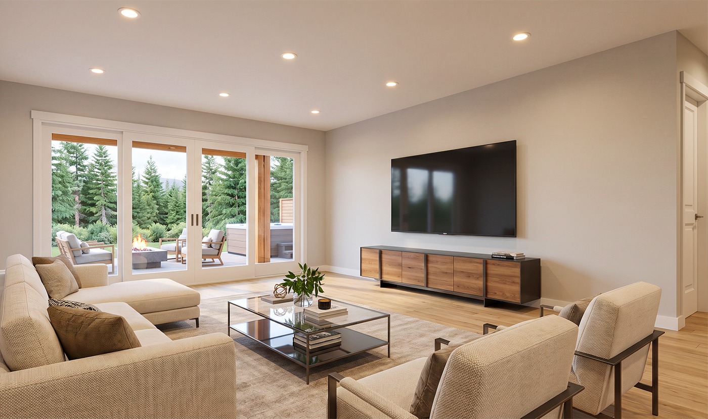 Modern living room with a wall-mounted TV, wooden console, beige sofas and chairs, and glass coffee table facing sliding glass doors to a patio with a fire pit and pine trees beyond.
