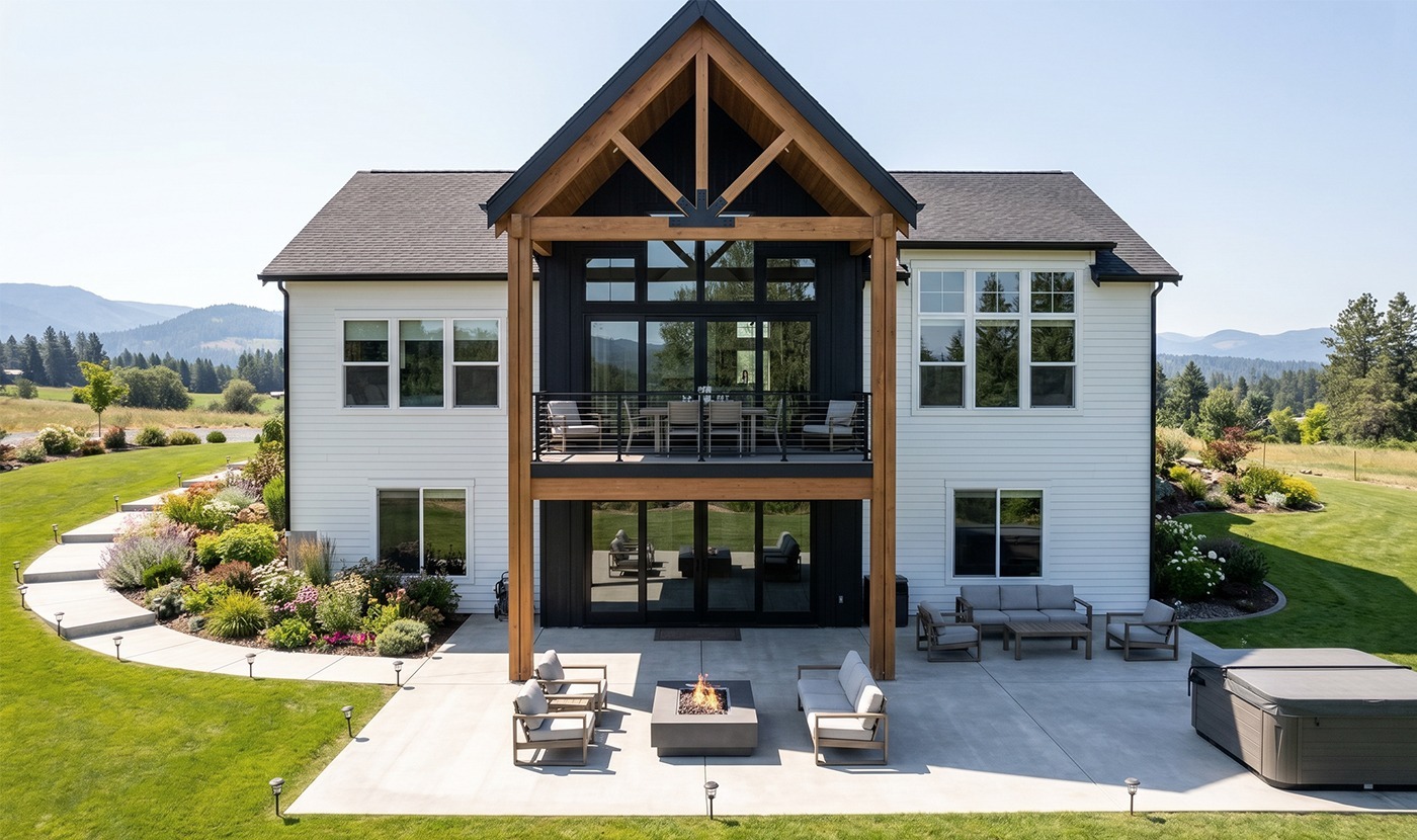 Front view of a white two-story house with a central wooden-framed balcony and an outdoor seating area around a square fire pit on a concrete patio.