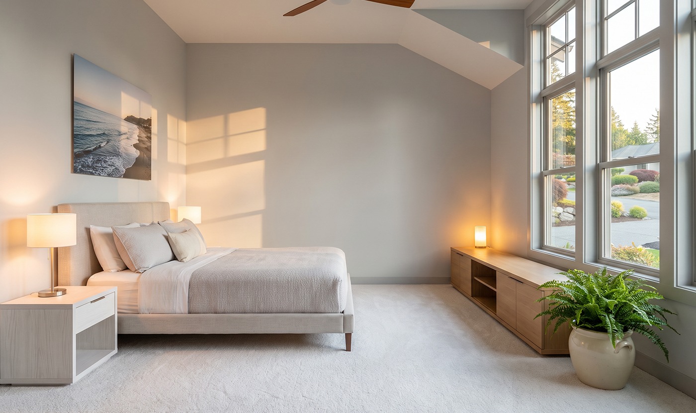 Modern bedroom with a king bed, two nightstands with lamps, and a low wooden media console beside large windows; a potted fern on the floor.