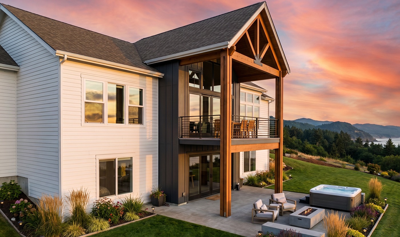 Modern two-story home with a covered wooden balcony overlooking a landscaped backyard at sunset, outdoor seating and a hot tub nearby.