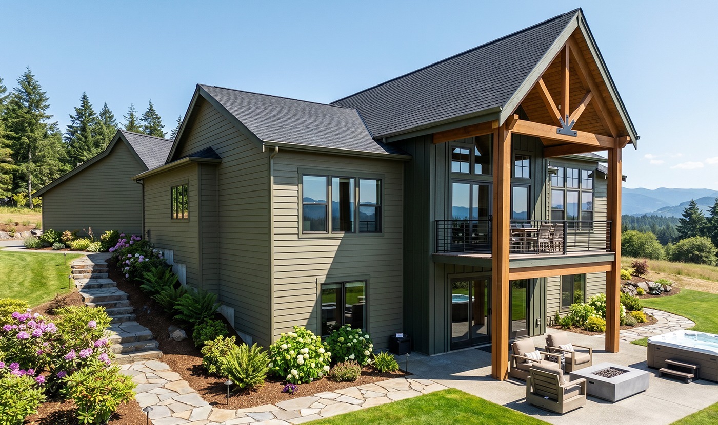 Modern two-story house with a wooden-framed covered balcony, landscaped yard, and mountain views outside. (informative)