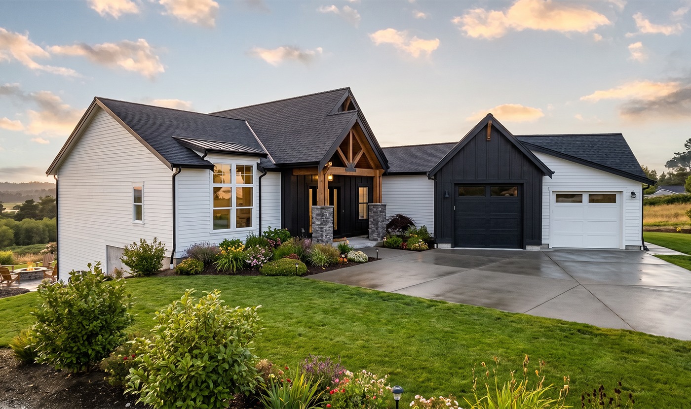 Front view of a modern single-story home with white siding, dark roof, stone columns, and a two-car garage amid a landscaped yard at sunset.