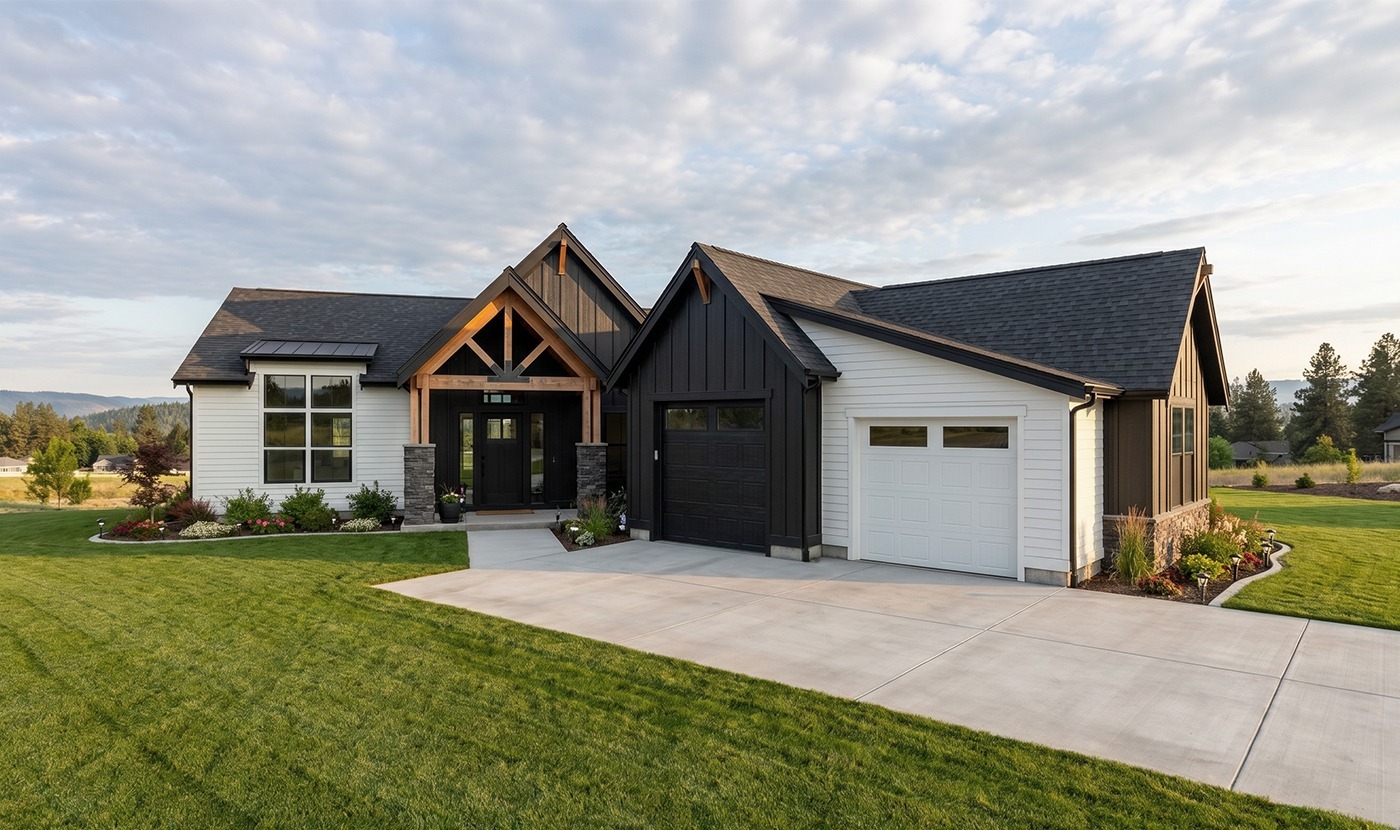 Front view of a modern, single-story home with black and white siding, stone columns, and a two-car garage on a landscaped lawn.
