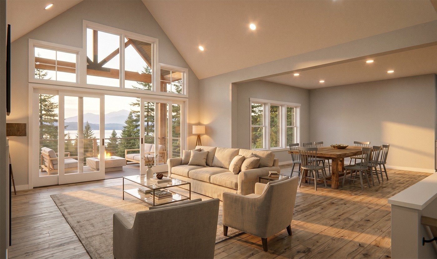 Bright open living room with tall windows, beige sofa, glass coffee table, and a mountain-view deck outside.