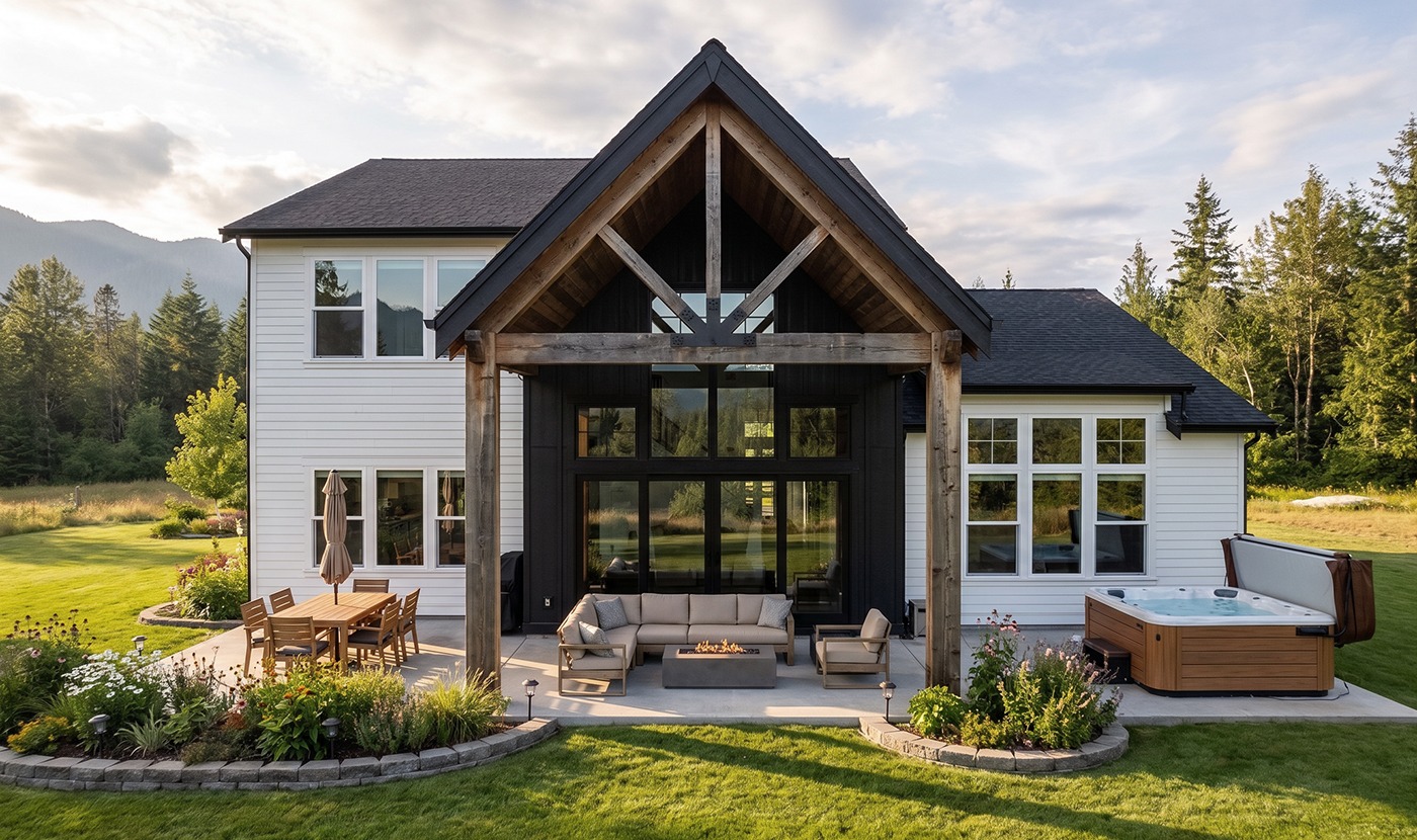 Backyard of a modern two-story home with a covered wooden pergola, seating around a fire pit, and a hot tub on the right.