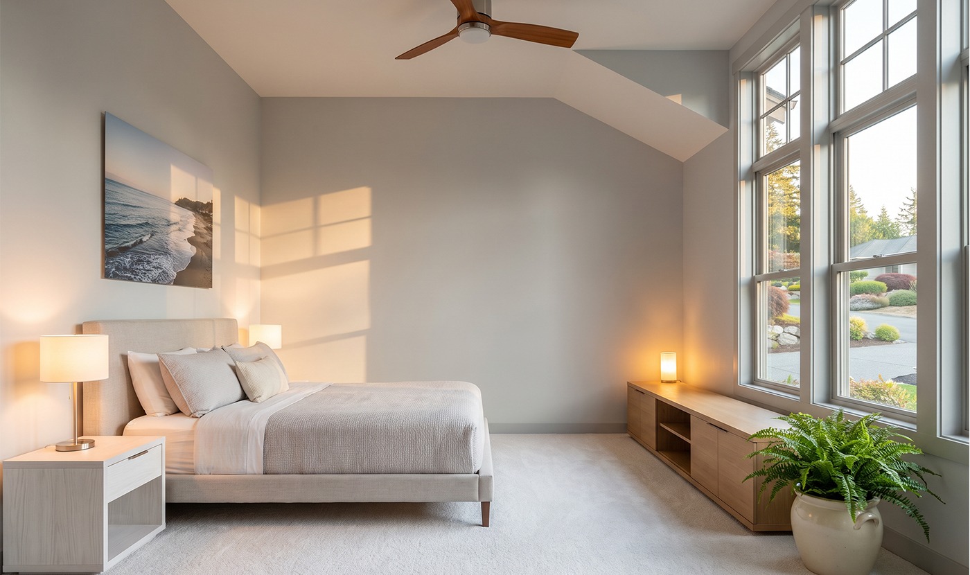 Modern bedroom with a king bed, two nightstands, lamps, and a wall-mounted seascape above the headboard by soft, neutral decor.