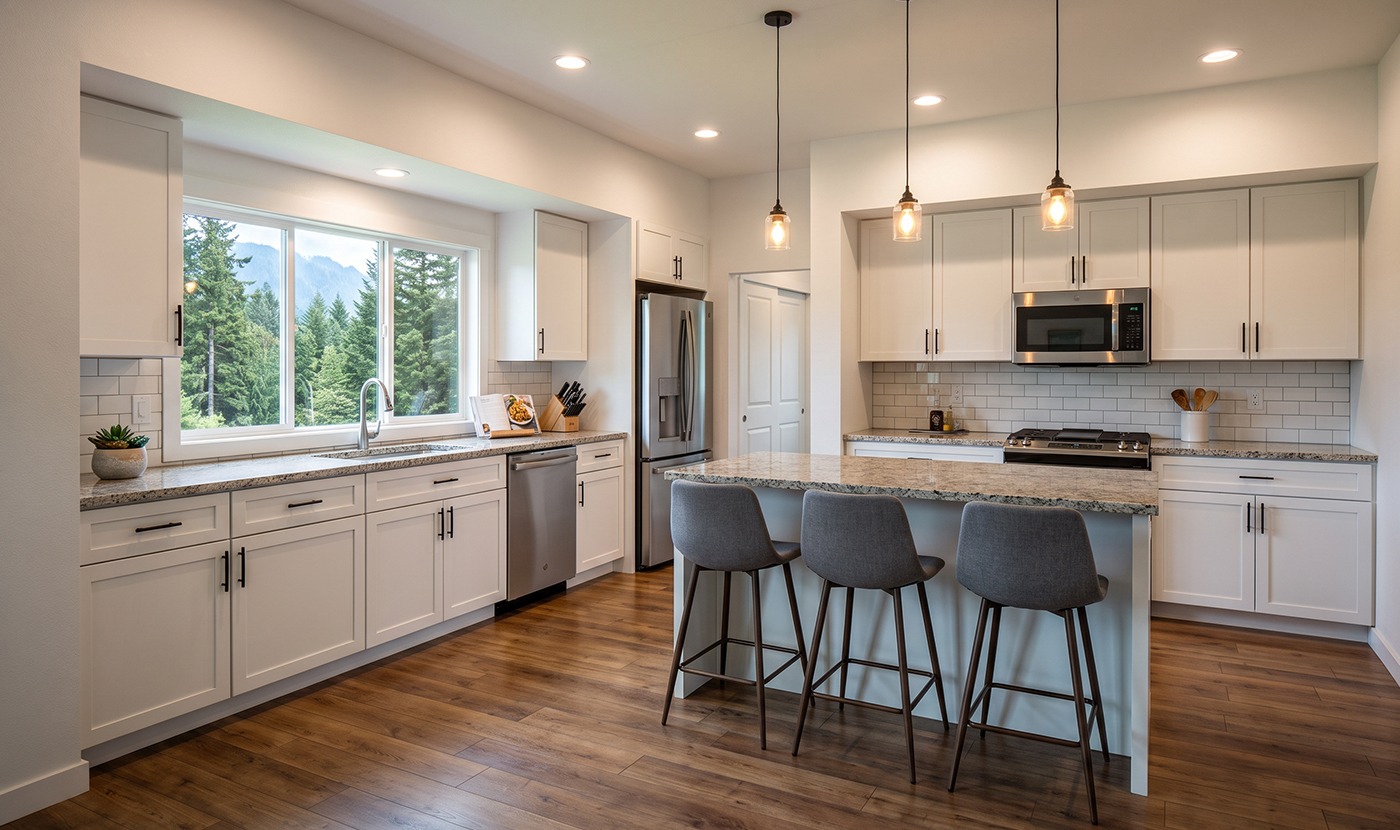 Bright modern kitchen with white cabinets, granite counters, and a breakfast island with three gray stools.